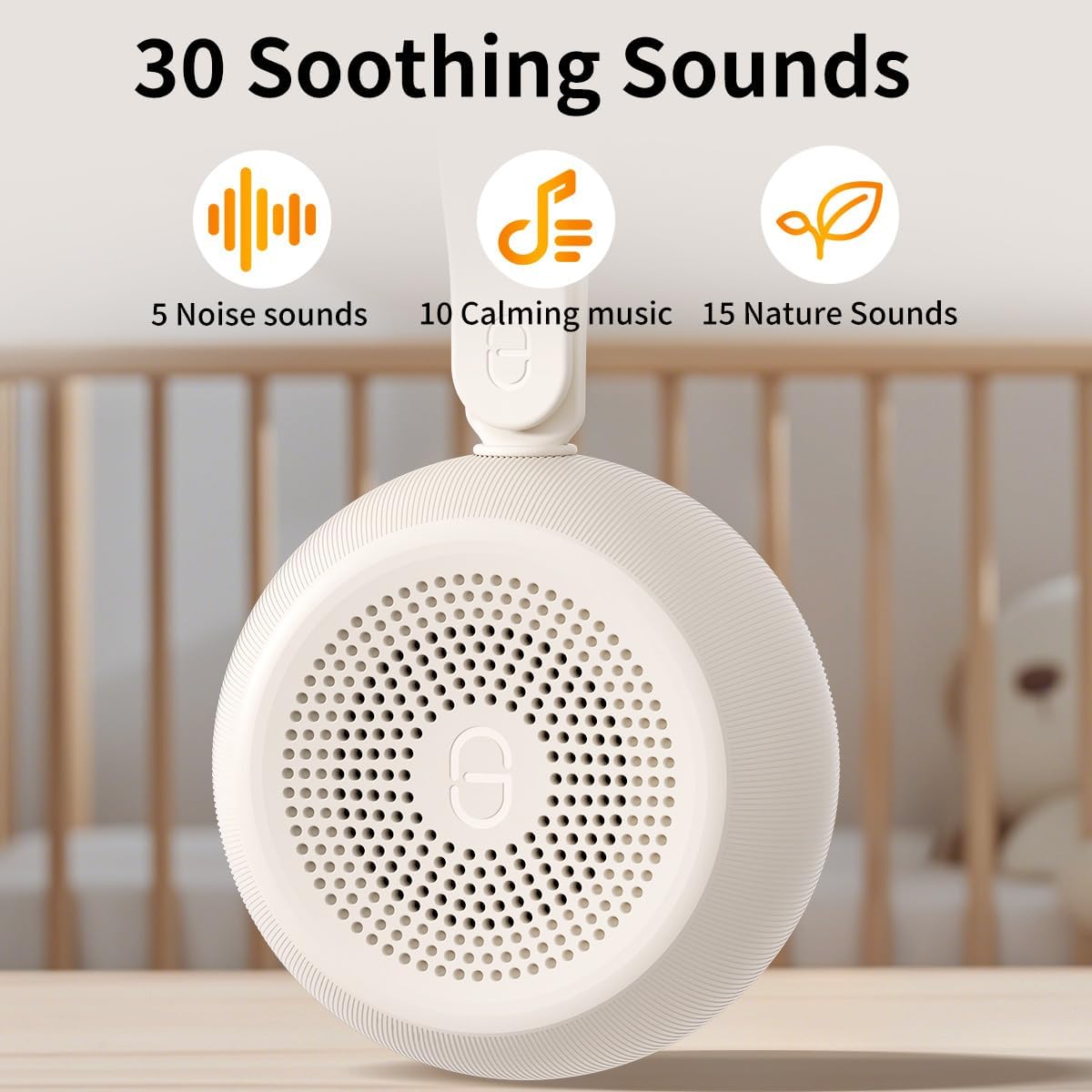 Compact white noise machine with nightlight glowing softly, placed on a nightstand next to a bed—ideal for baby sleep, travel, or relaxation.